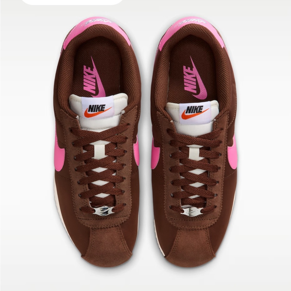 Nike Brown Cortez Sneakers with Pink Swoosh and White Tongue